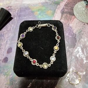 Vibrant Gemstone Bracelet in Silver Setting Vintage Size 6in In Length
